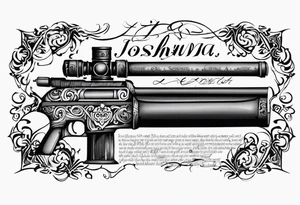 Joshua 1:9 bible verse on a scroll written on a beaten up scroll and nailed onto the firearm tattoo idea