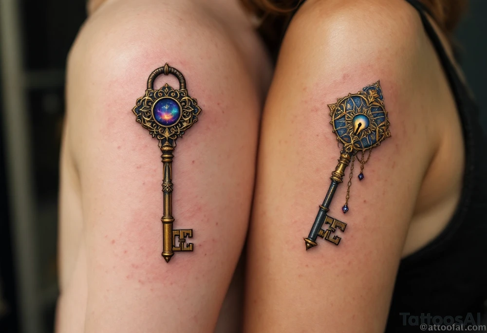 A vintage key in bronze for him and an ornate gold-accented lock for her placed on the shoulder blades express unity and trust. tattoo idea