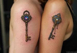 A vintage key in bronze for him and an ornate gold-accented lock for her placed on the shoulder blades express unity and trust. tattoo idea
