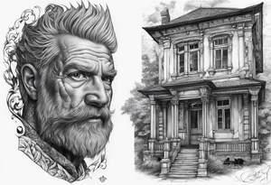 fool sleeve, abandoned old gotic house, broken sword tattoo idea