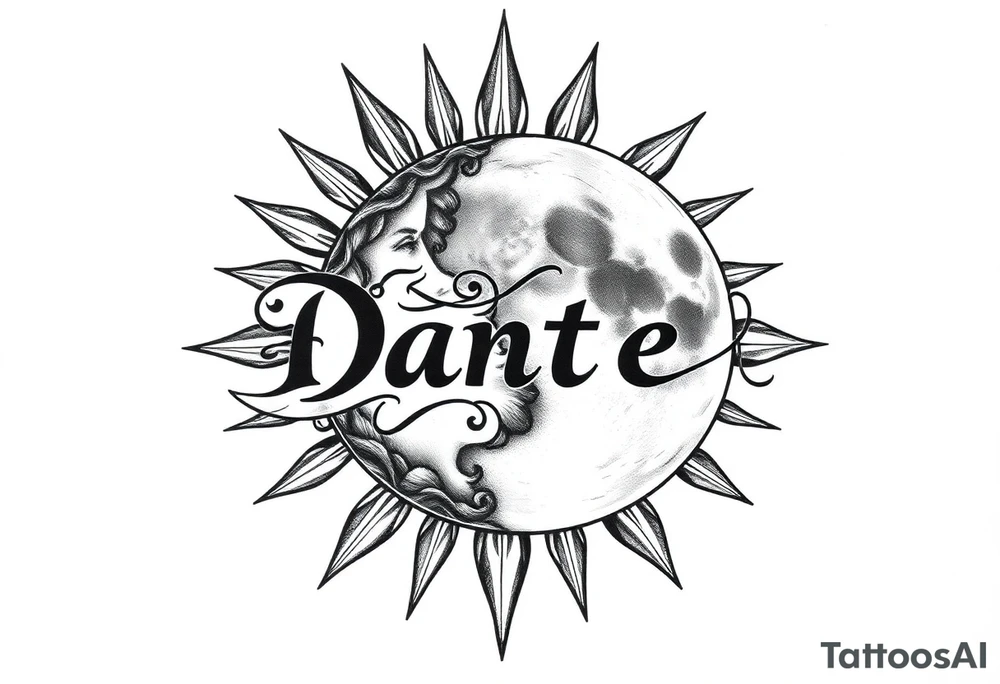 The name "Dante" in the sun and the name "Taiga" in the moon tattoo idea