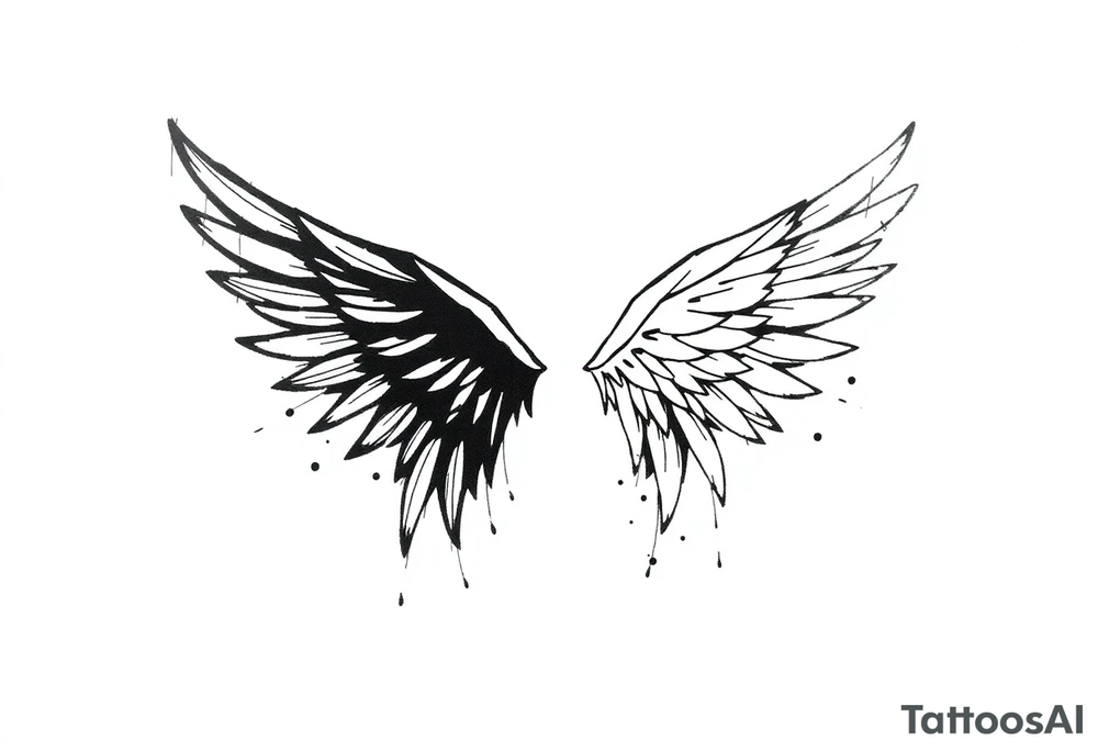 the wings go up

This tattoo design features a pair symmetrical angel wings drawn in black ink with a rough, sketch-like style. The left wing is darker, more defined, and appears denser, while the right wing is lighter, more delicate, and fragmented, creating a contrast between the two. The feathers are sharp and irregular, with fine lines and stray strokes extending outward, adding a raw and artistic feel. The overall look is dynamic and slightly chaotic, giving the impression of movement or an unfinished, ethereal form. This design symbolizes duality, freedom, transformation, or even struggle, making it a meaningful and visually striking tattoo. tattoo idea