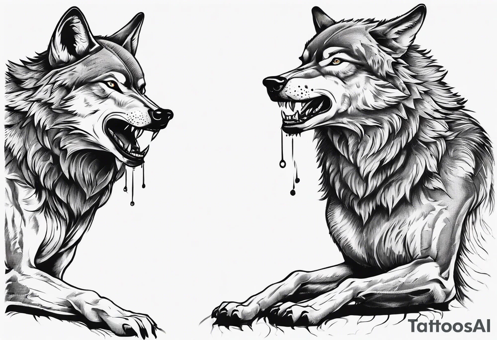 two wolves with their mouths closed and dancing on their hind legs. tattoo idea