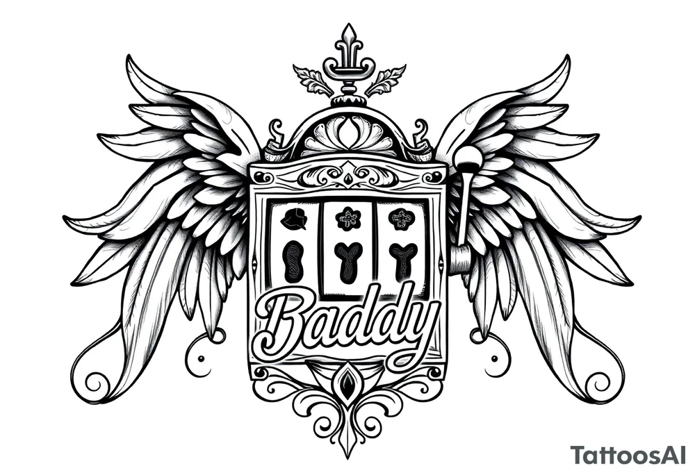 Slot machine with angel wings and word Daddy tattoo idea