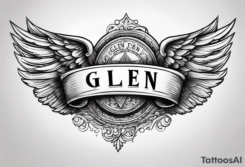 A simple tattoo with the word Glenn on a banner with angel Wings tattoo idea