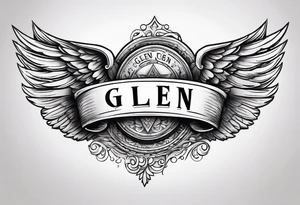 A simple tattoo with the word Glenn on a banner with angel Wings tattoo idea