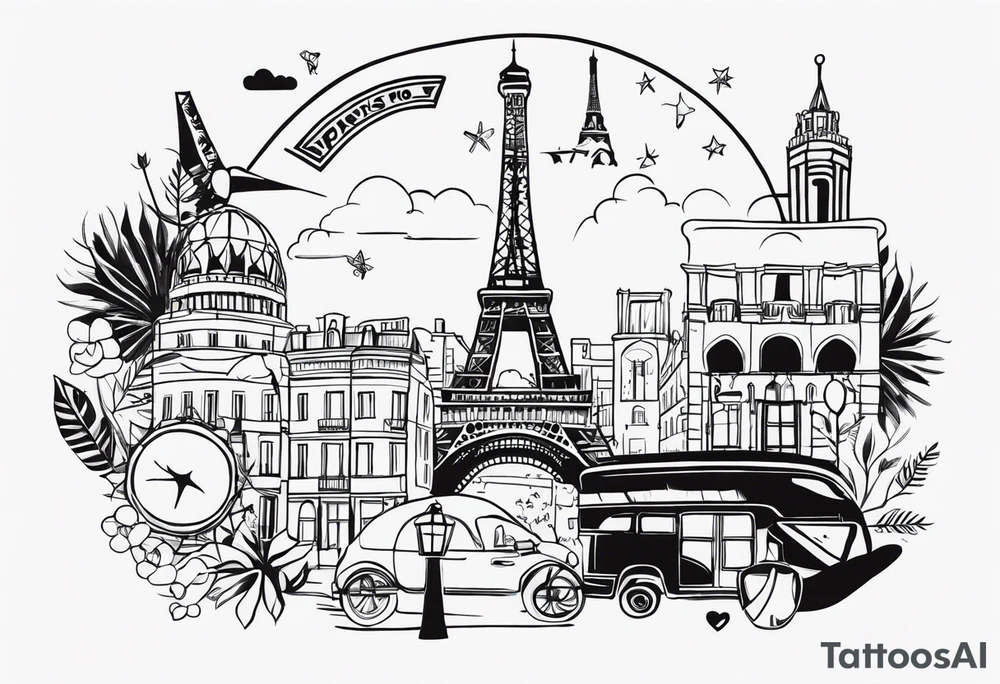 paris tattoo with travel symbols tattoo idea