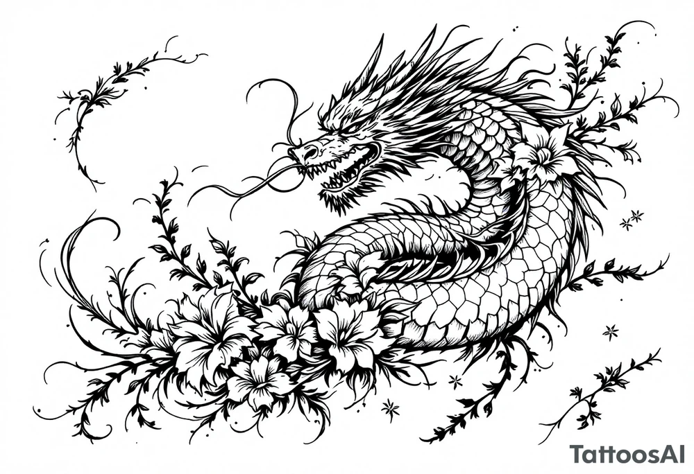 un dragon central entouré de fleurs de lys tattoo idea