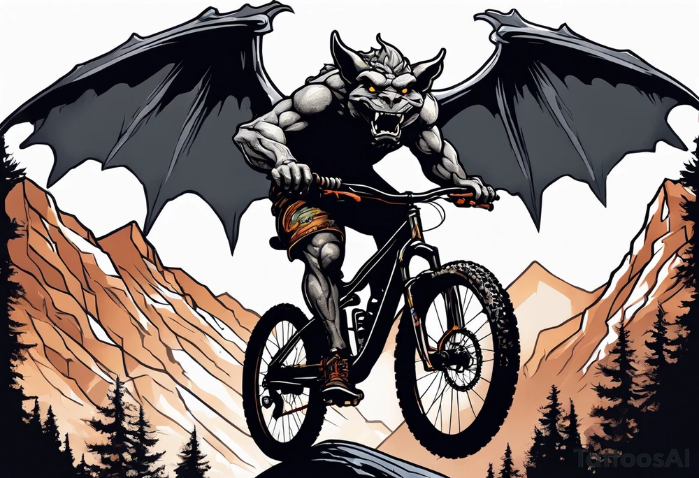 gargoyle riding a full suspension mountain bike with a shadow no background tattoo idea