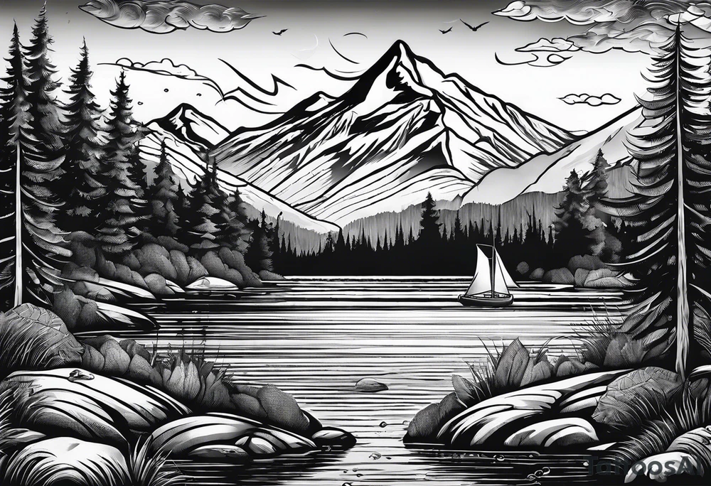 fishing lure mountains tattoo idea