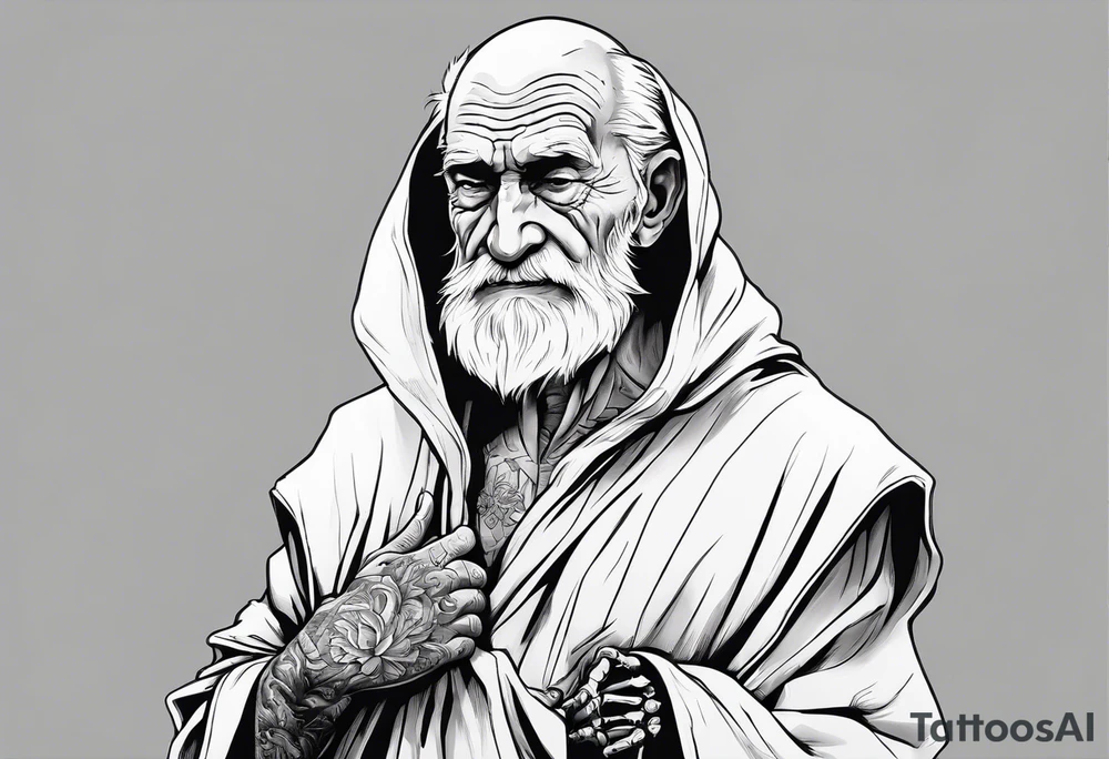 old man in cloak wrestling with a skeleton tattoo idea