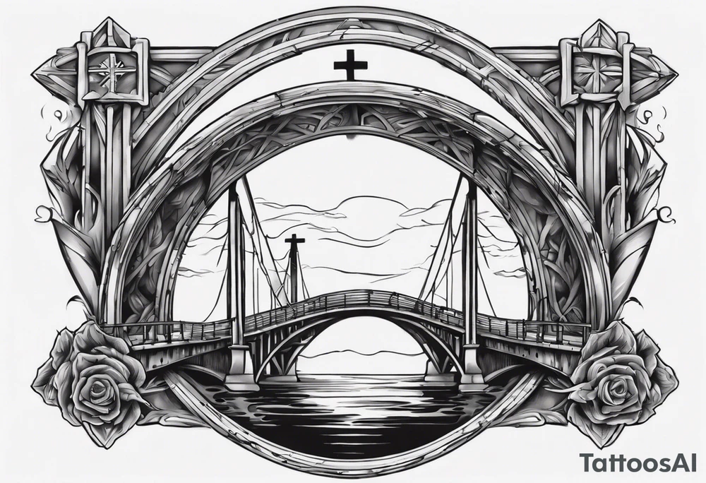 Inner bicep, stretched horizontally, bridge leading to a cross tattoo idea