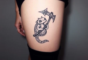 line work axolotl holding an axe tattoo idea
