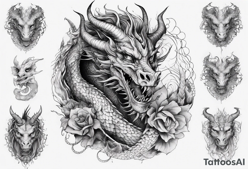 dragon with horns, mane, scales all over the body tattoo idea