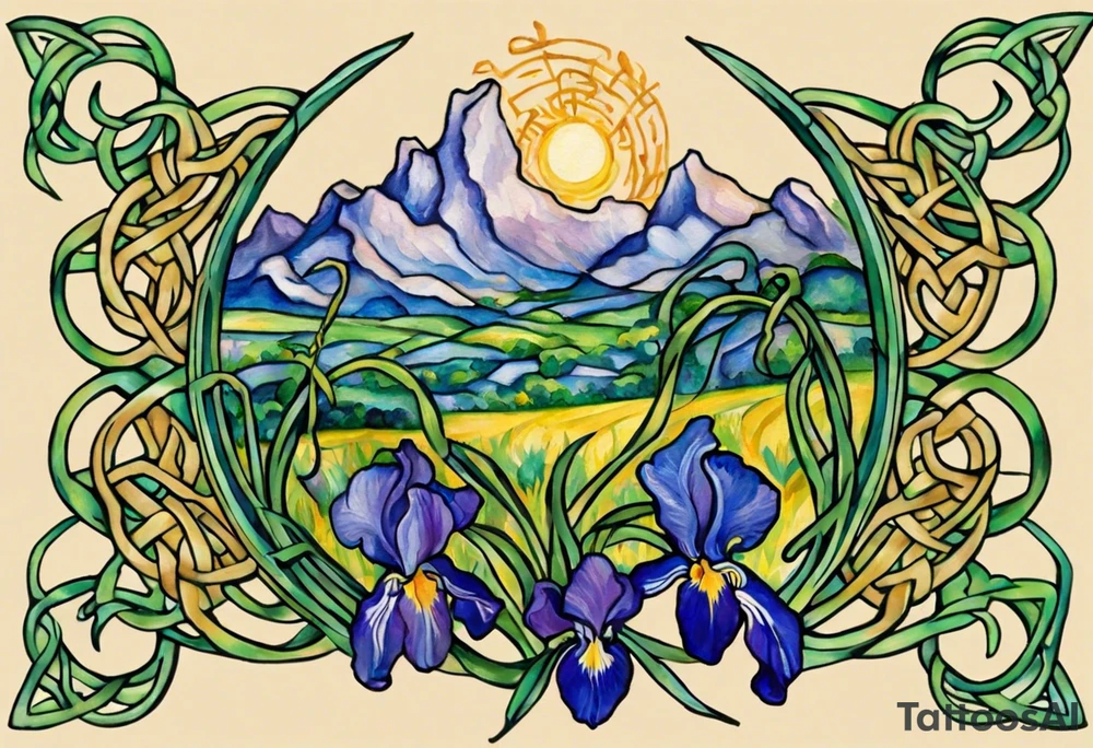 Create a small, colorful Vincent van Gogh Irises tattoo in the form of a crescent, with vines in Celtic knot style gracefully intertwining at a central point in the middle of the wreath. The intended placement is on the upper chest. The middle needs mountains. The overall design should be small in size while maintaining a delicate and artistic aesthetic. Pay attention to the graceful flow of the vines and the placement of the irises to achieve a refined and elegant look. tattoo idea