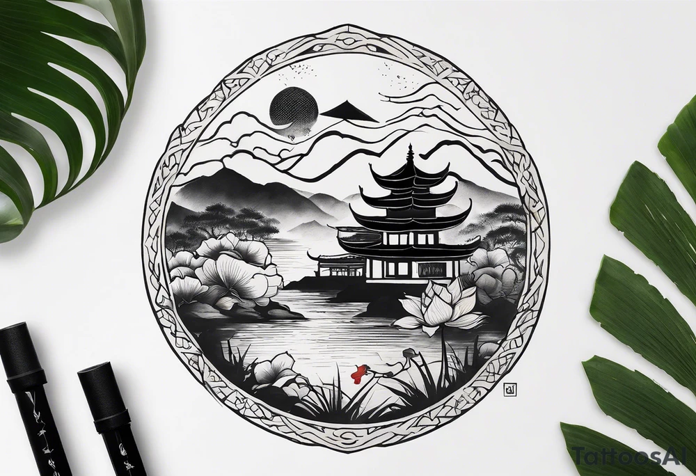 A black Vietnamese tattoo design featuring intricate depictions of sacred animals like the dragon and turtle intertwined with majestic mountains and lush rice fields. Incorporate iconic elements such as the conical straw hat floating above, surrounded by blooming lotus flowers and traditional silk lanterns. The tattoo reflects the essence of Vietnam's breathtaking nature, with swirling mist and flowing water elements woven into the composition, merging traditional artistry with a modern flair. Use a color palette that evokes the lush greens of the countryside and the warm tones of sunset. tattoo idea