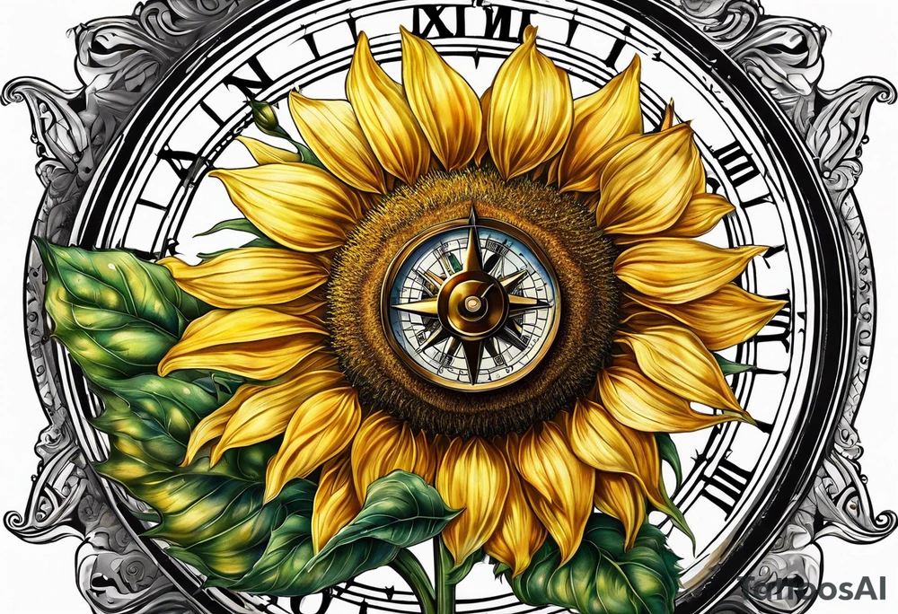 Sunflower next to a compass tattoo idea