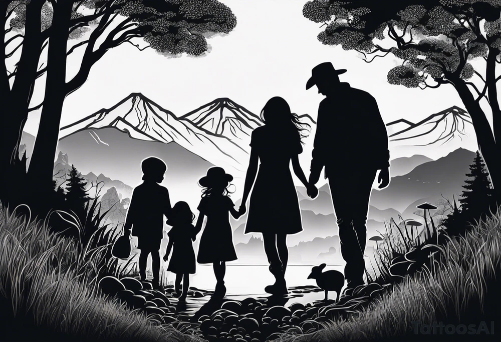Family silhouette with a father, a mother, older son, older daughter, and small daughter foraging mushrooms with mountains and creek in background tattoo idea