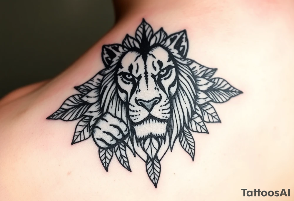 A tattoo for the upper hand with a realistic lion head with mandala patterns around it that covers the hands and a small part of the fingers. tattoo idea