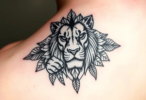 A tattoo for the upper hand with a realistic lion head with mandala patterns around it that covers the hands and a small part of the fingers. tattoo idea