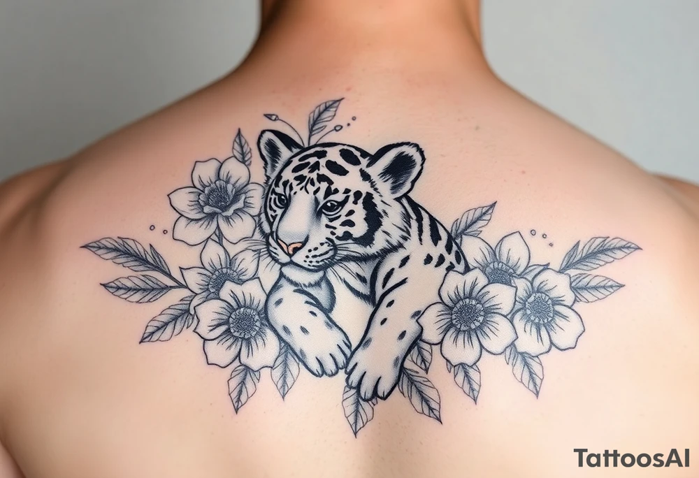 Floral tattoo with baby tiger tattoo idea