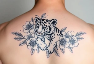 Floral tattoo with baby tiger tattoo idea