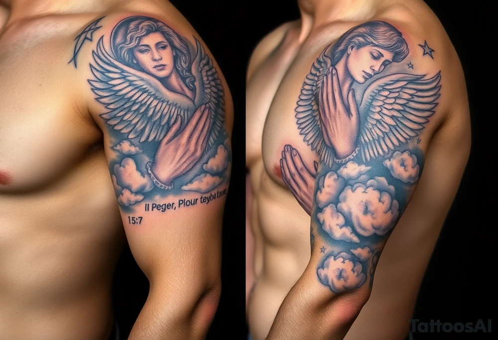 cast all your anxiety on him because he cares for you"  1 peter 5:7 surrounded with clouds and angels and praying hands tattoo idea