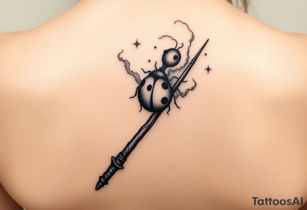 A ladybug getting out of hermione's magic wand like it was a spell. Magic dust all around the wand that looks almost smoky. I also want some small details around it that would make a piggyback on harry potter's movie like harry's glasses, a lightning, the golden snitch, etc... tattoo idea