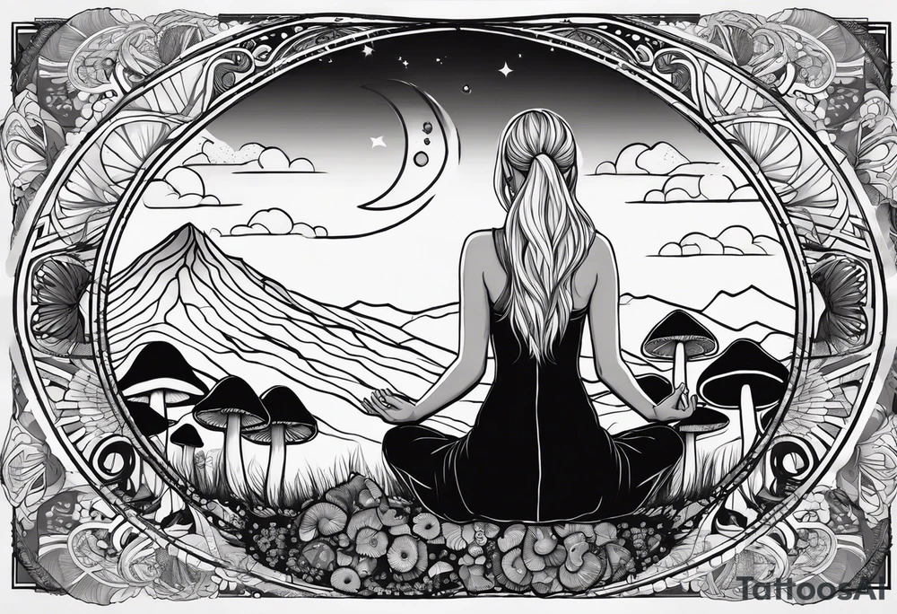 Straight blonde hair girl meditating facing away toward mountains surrounded by mushrooms crescent moon mandala circular design black and white striped dress tattoo idea
