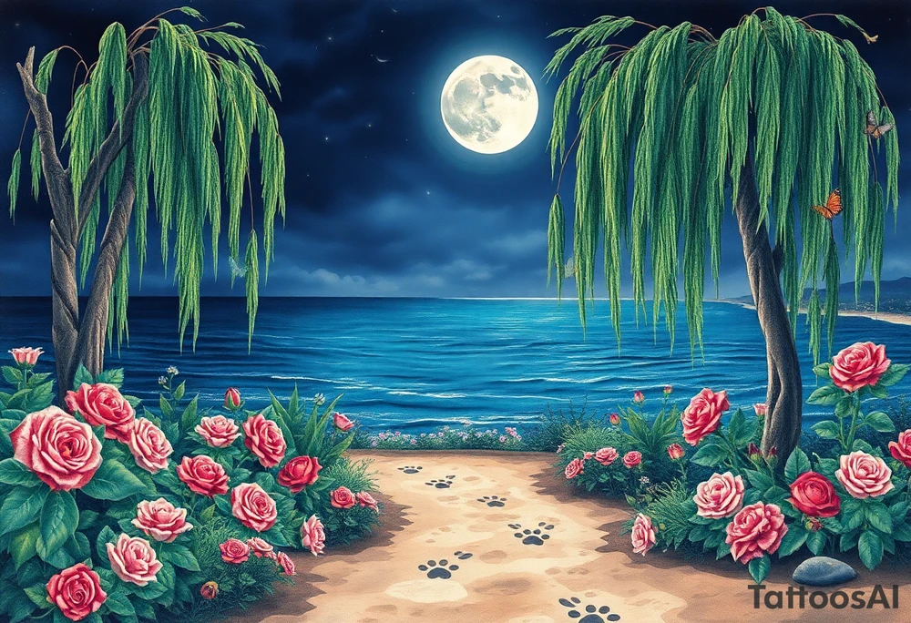 Night time. Ocean.  weeping willow garden with roses and liles flower beds. fantasy creatures, fairies, mermiads, dragons butterflies,  cat paw prints path in dirt. tattoo idea