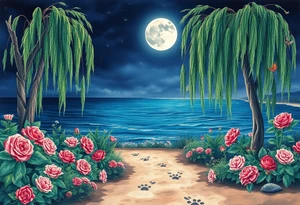 Night time. Ocean.  weeping willow garden with roses and liles flower beds. fantasy creatures, fairies, mermiads, dragons butterflies,  cat paw prints path in dirt. tattoo idea
