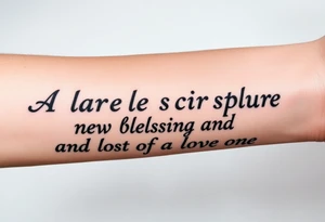 A large burning scroll of a bible scripture about new blessing and lost of a love one tattoo idea
