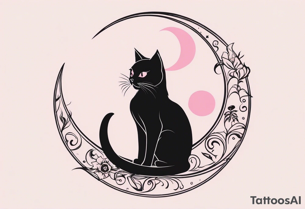 1.	Gothic Black Cat with Pink Bows – A sleek, black cat sitting on a crescent moon, with wide, eerie eyes and a small pink bow tied around tattoo idea