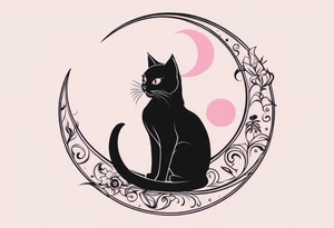 1.	Gothic Black Cat with Pink Bows – A sleek, black cat sitting on a crescent moon, with wide, eerie eyes and a small pink bow tied around tattoo idea