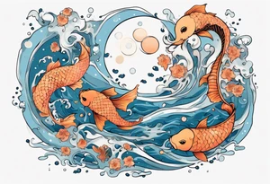 Water scene, featuring koi karp, jellyfish, seahorses and the moon. With nods to Pisces. tattoo idea