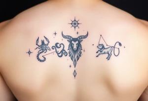 Back piece artistic water color constellations for family members: Scorpio (x2) Taurus, Aries (x2), leo tattoo idea