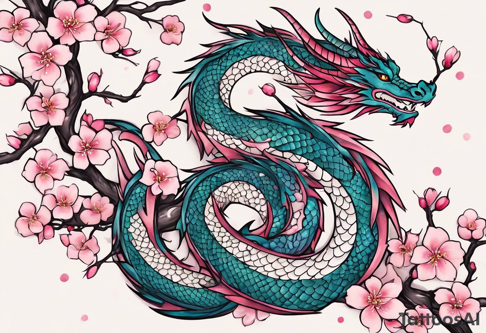 Delicate feminine simple dragon intertwined in cherry blossom, soft lines, soft dragon, pleasant dragon, beautiful cherry blossom tattoo idea