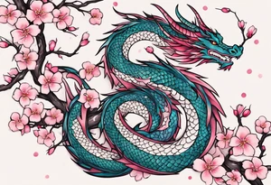 Delicate feminine simple dragon intertwined in cherry blossom, soft lines, soft dragon, pleasant dragon, beautiful cherry blossom tattoo idea