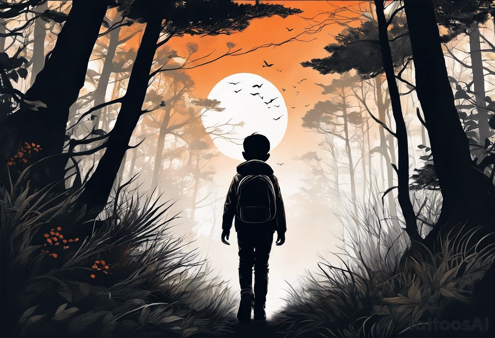 A silhouette of a young child walking through a dark, expansive forest tattoo idea