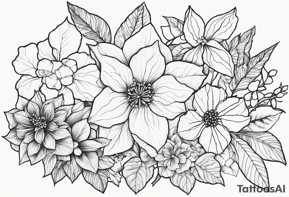 Hydrangea, Narcissus, Poinsettia, Holly, Gladiolus, Poppy, Daisy, Sweet Pea floral tattoo idea