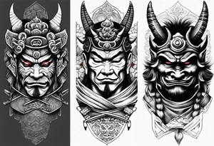 samurai and oni mask leg sleeve tattoo idea