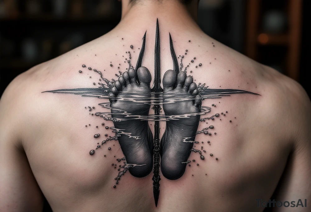 barefeet behind trident with water tattoo idea