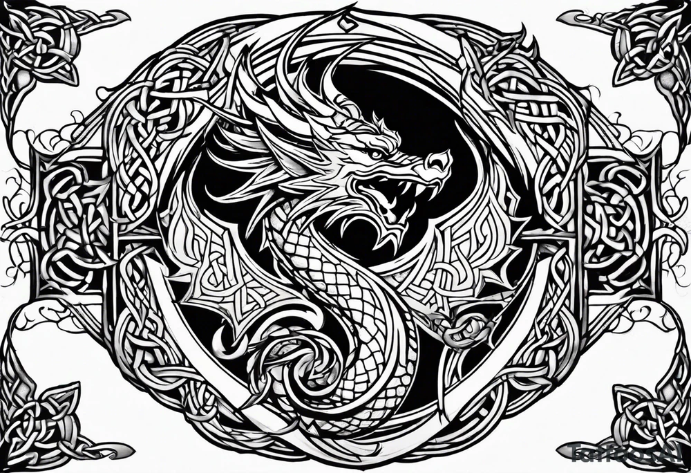 Celtic dragon tattoo with head on chest and tail that wraps over trapezius onto back tattoo idea