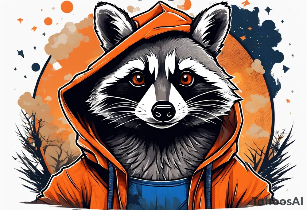 Raccoon wearing an orange Superman hoodie tattoo idea