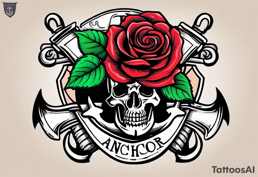 old school anchor sitting at an angle 
with rope wrapped around anchor and banner across anchor and old school roses tattoo idea