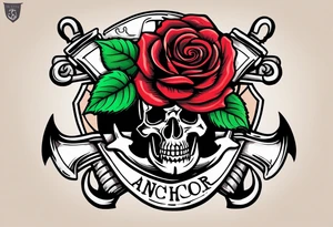 old school anchor sitting at an angle 
with rope wrapped around anchor and banner across anchor and old school roses tattoo idea