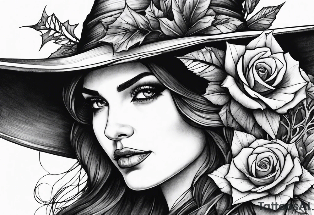 Witch hat
Black flowers 
Thorns tattoo idea