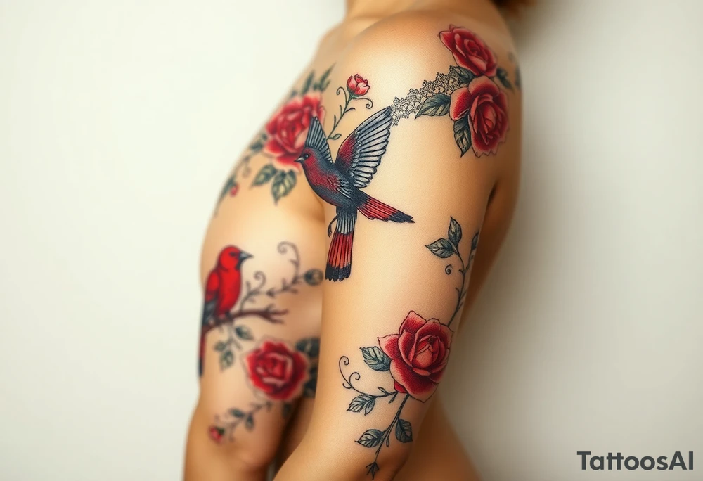 Vintage dollies, red roses, lace, red bird tattoo idea