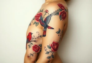 Vintage dollies, red roses, lace, red bird tattoo idea