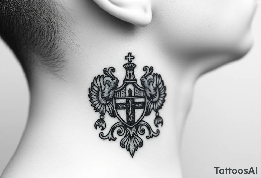 russian coat arms in a russian christian orthodox style virgin mary & orthodox dome church on the side of the neck tattoo idea